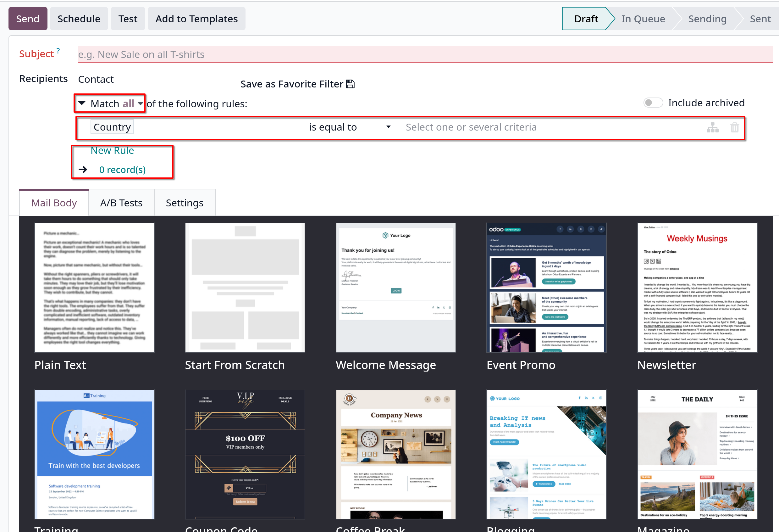 email marketing recipients filters