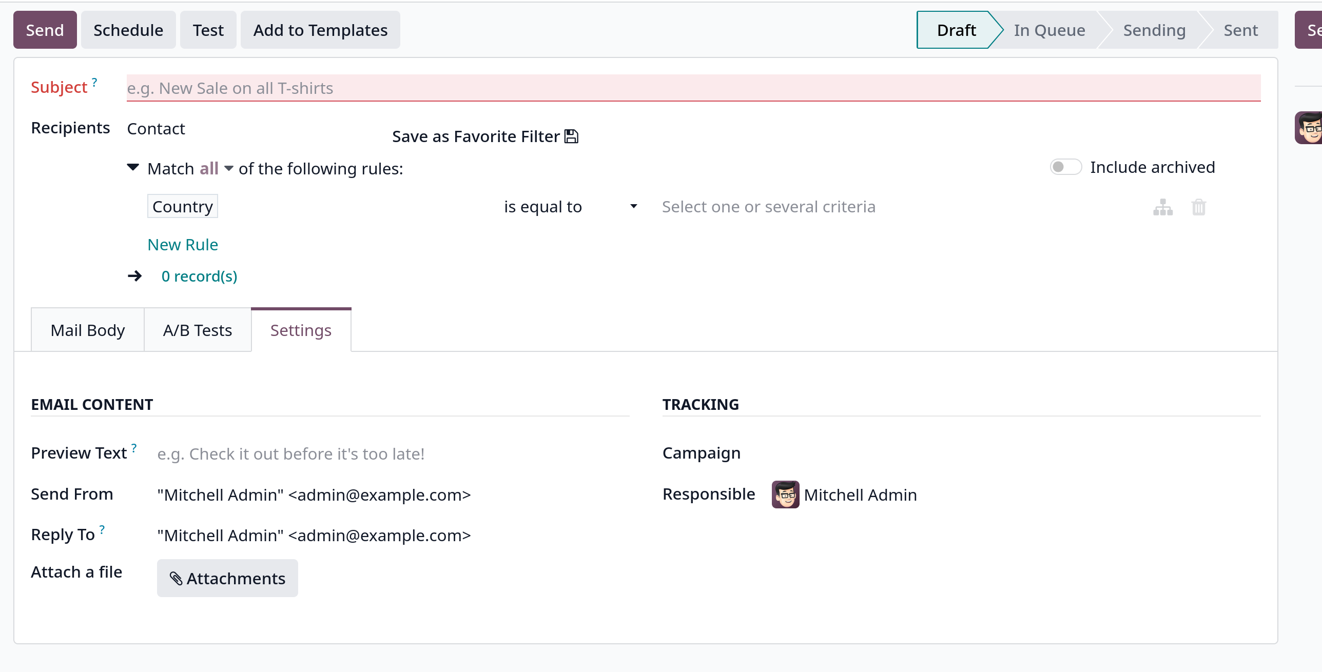 email marketing setttings
