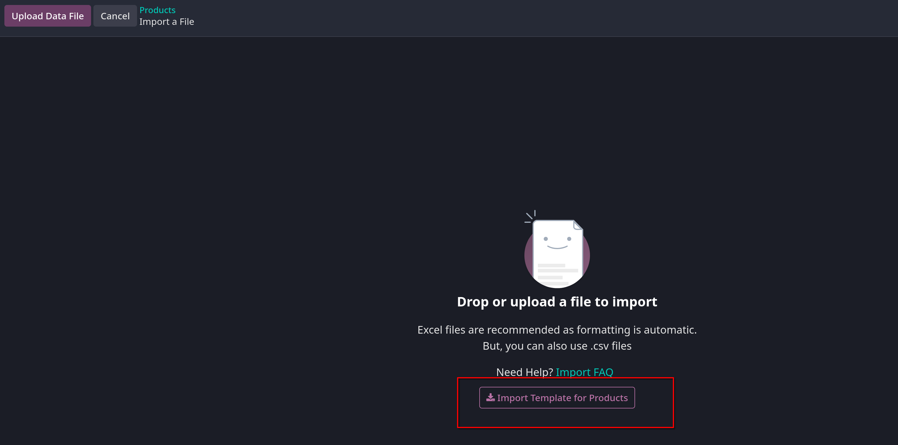 Import template for products