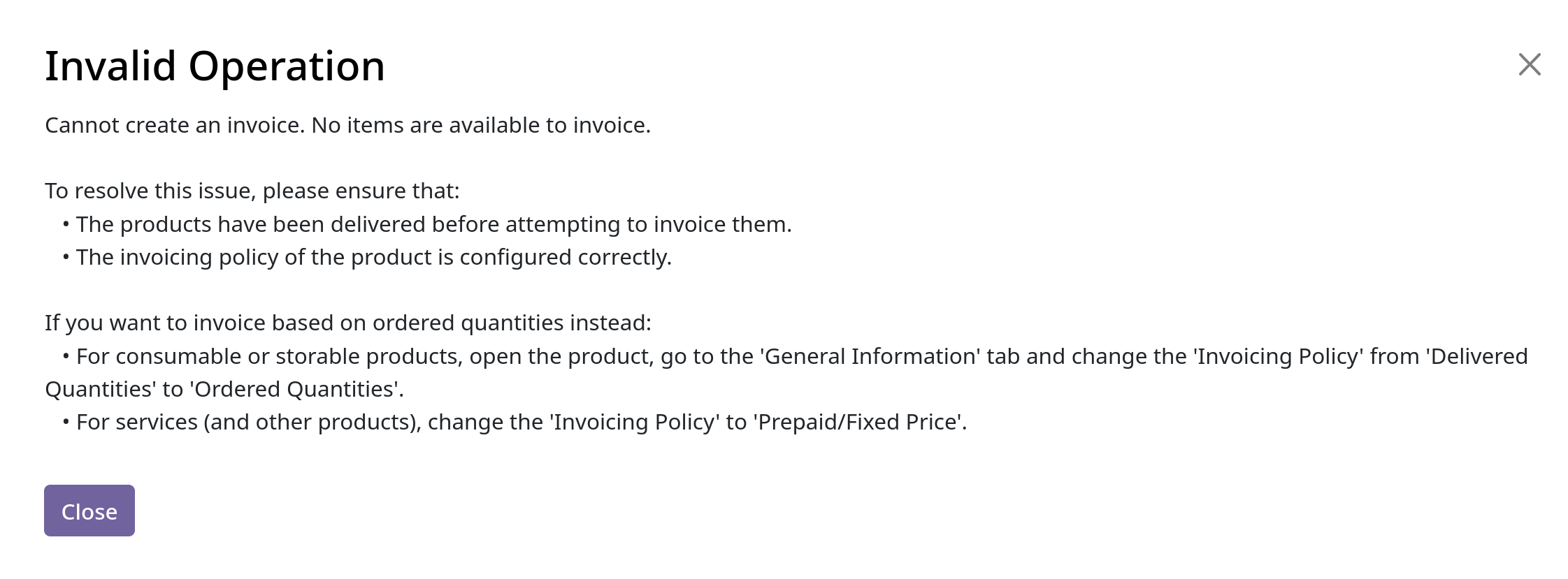sales invoicing policy create invoice delivered