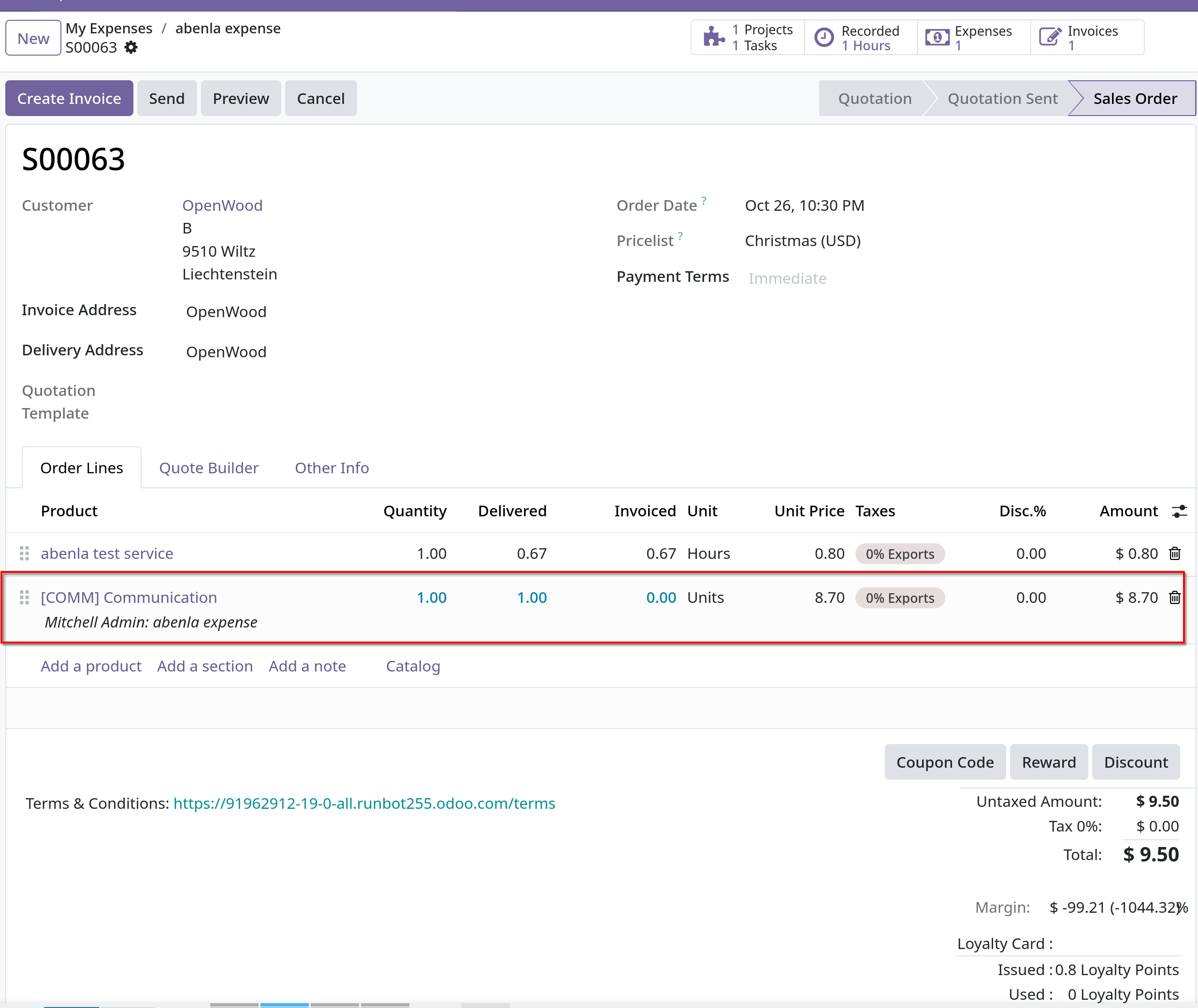 sales order expenses line