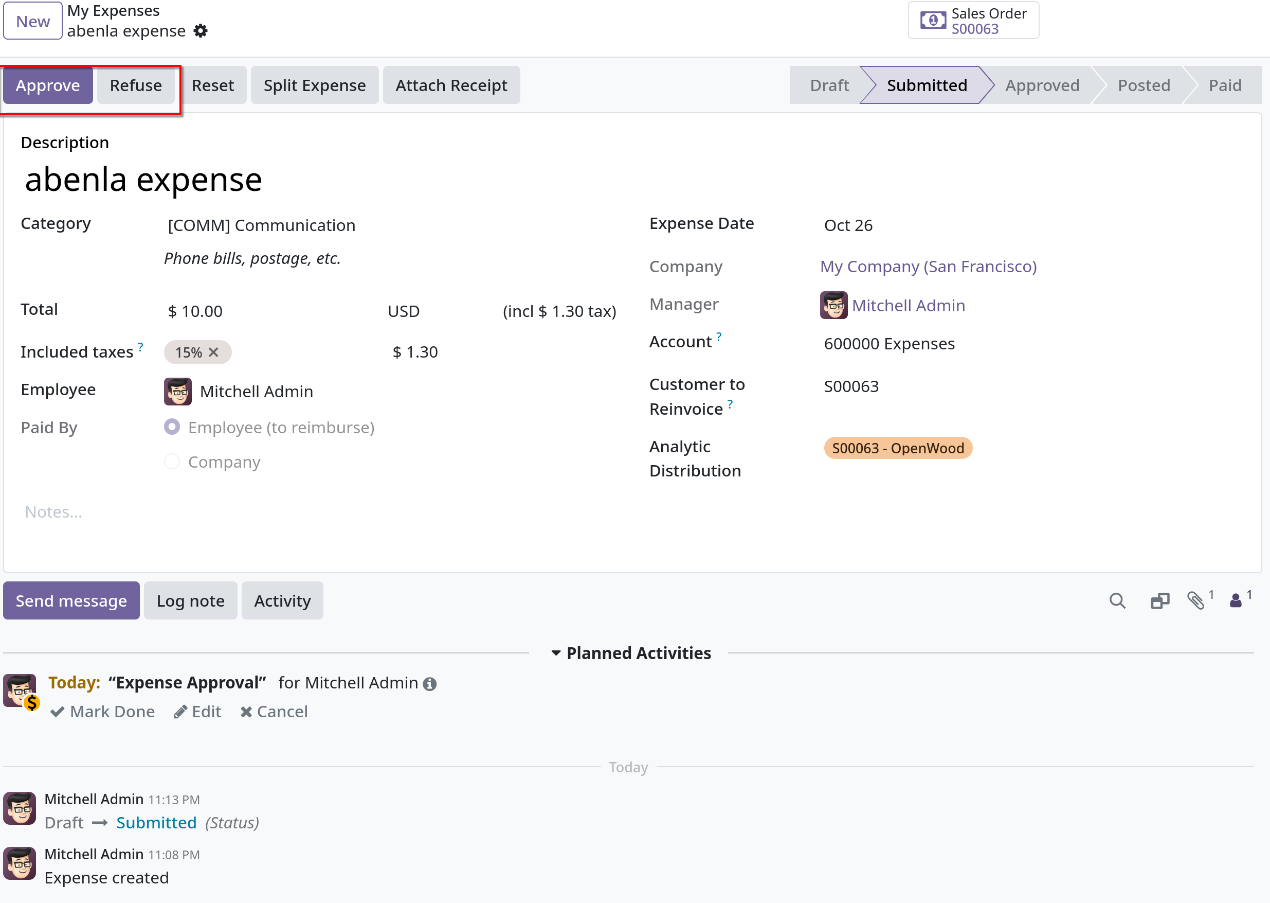 sales order expenses approve