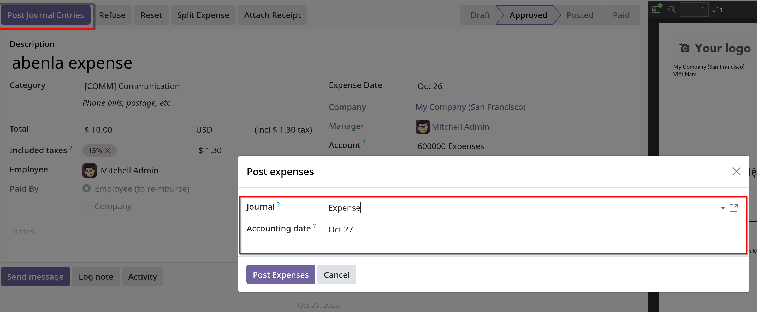 sales order expenses post journal